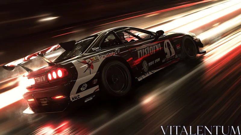 Night racing car in motion on illuminated track surface.