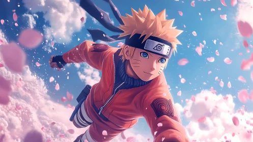 Bright-eyed ninja soars through cherry blossom filled sky