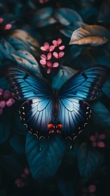Iridescent blue butterfly on teal foliage with magenta blooms.
