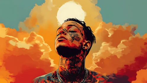 Tattooed figure basks beneath a blazing sunlit sky.