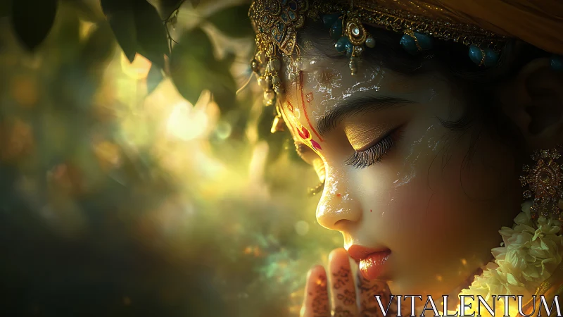 Sunlit prayer of a jeweled maiden in drifting forest gold.