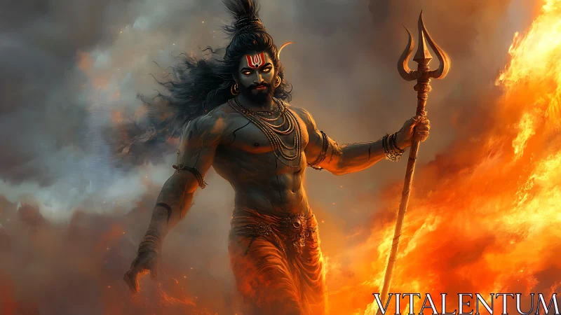 Fiery guardian strides through stormlit flames with calm power.