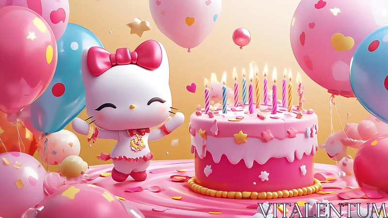 3D-rendered kawaii character with multi-tiered birthday cake among inflated balloons