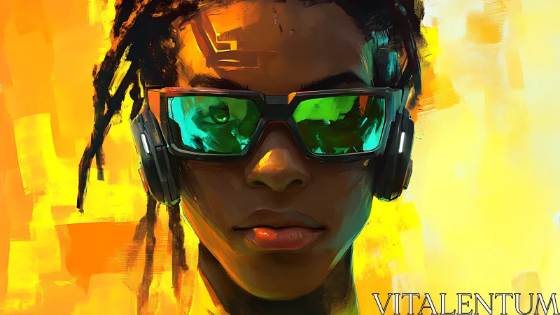 Headset and visor portrait against abstract yellow ground.