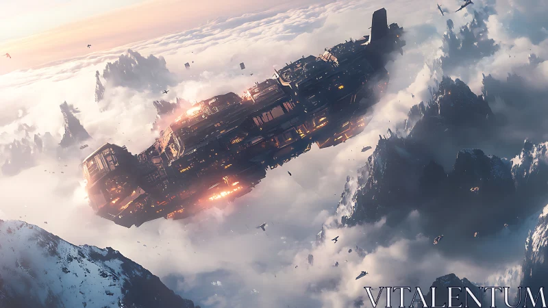 Large spacecraft traversing clouded mountain landscape.