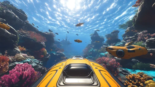 Futuristic mini subs exploring vivid coral canyon seascape.