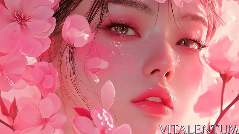 Pink blossom portrait frames luminous digital girl face