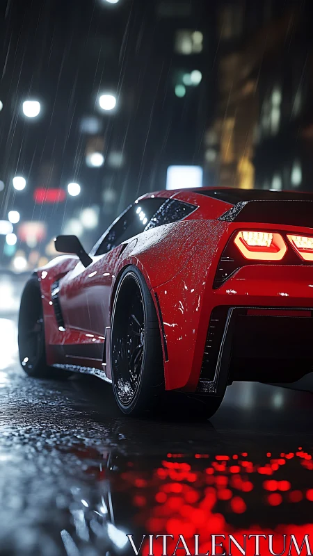 Red sports coupe on wet city street at night in rainfall.