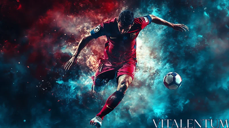 Dynamic digital painting of soccer striker in motion burst.