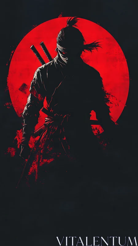 Blood-red moon crowns a lone shadowed ronin warrior.