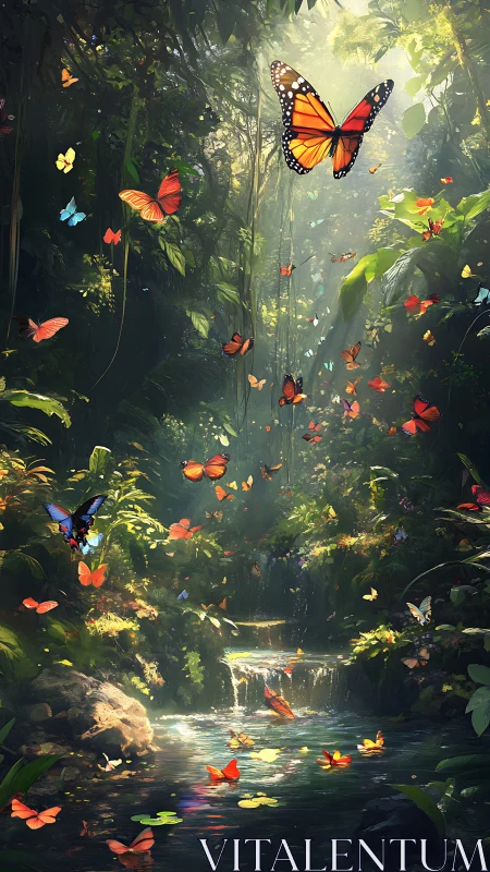 Monarch butterflies spiral above luminous rainforest cascade
