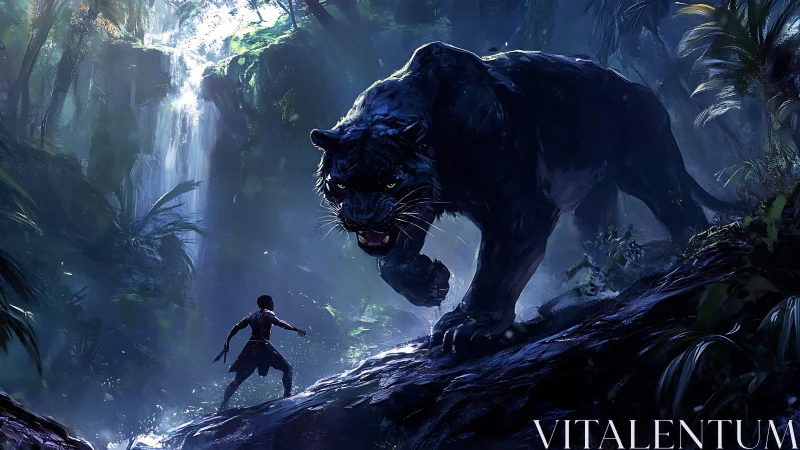 Human Figure Confronting Large Black Feline in Jungle.