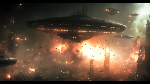 Colossal alien motherships descend on a burning future city