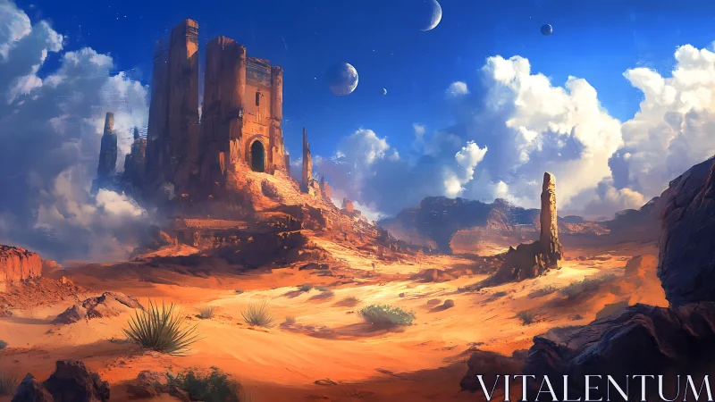 Desert fortress under multiple moons in bright daylight