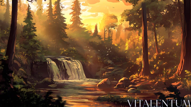 Forest Landscape with Waterfall Under Golden Sunlight and Canopy