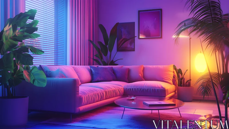 Neon-lit pastel sofa lounge with lush indoor foliage decor.