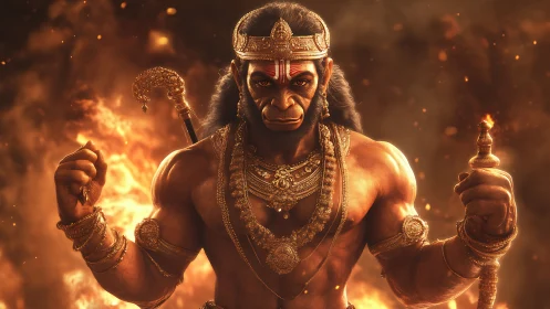 Divine warrior monkey god stands amid blazing golden fire