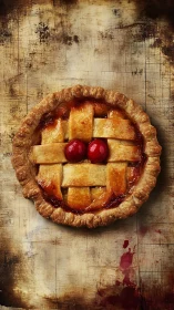 Cherry lattice pie portrait on distressed rustic board.