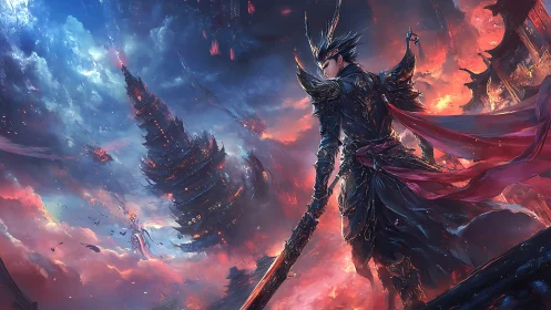 Storm-crowned dragon knight defies a burning sky temple.