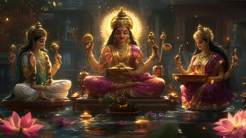 Divine goddesses illuminate a lotus-lit temple water ritual