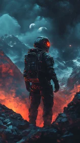 Lone space explorer watching twin moons over lava valley.