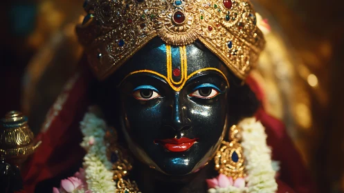 Gilded black stone deity statue is shown in frontal close-up