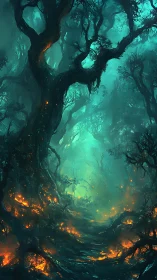 Dense forest path shows teal mist and localized ground fires