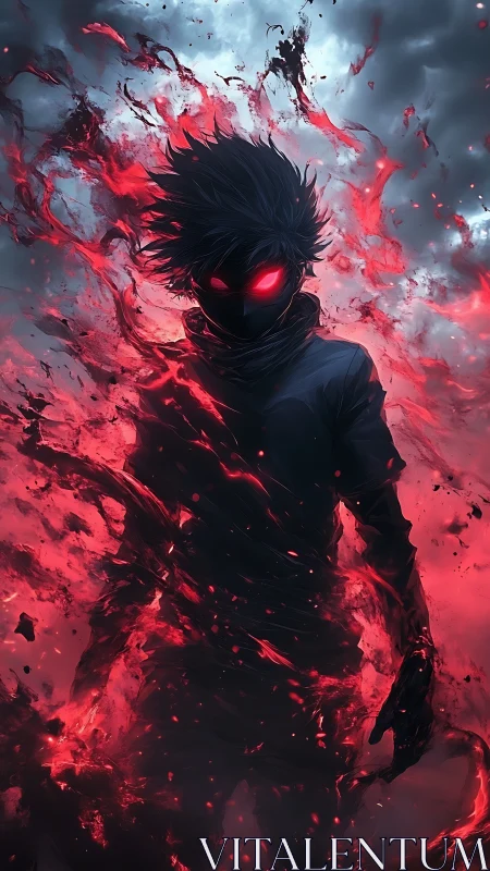 Shadowed warrior engulfed in crimson elemental fire surge.