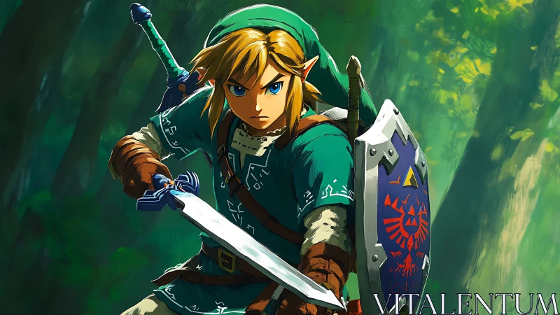 Dynamic cel-shaded swordsman with shield in forest lighting study