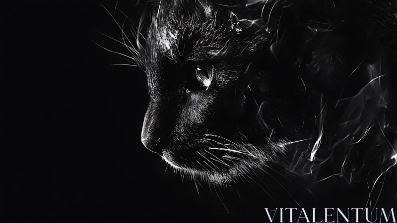 High-contrast monochromatic feline portrait with dramatic lighting and volumetric atmospheric effect
