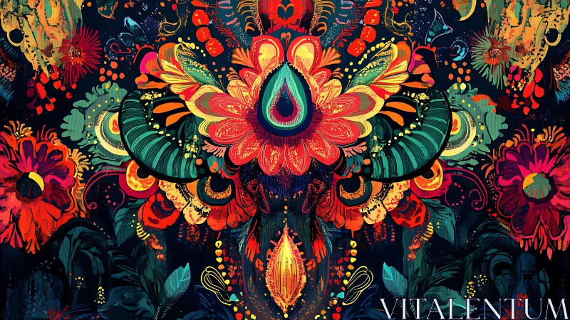 Torchlit jungle mask blooms in neon floral fever dream.