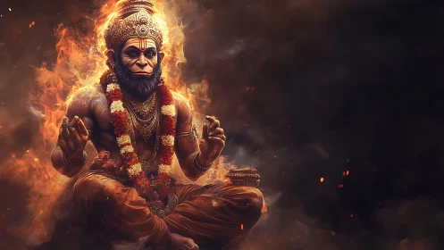 Fiery meditative Hanuman radiates power and divine serenity.