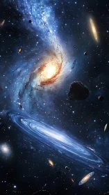 Spiral galaxies and asteroids in dense deep space field.