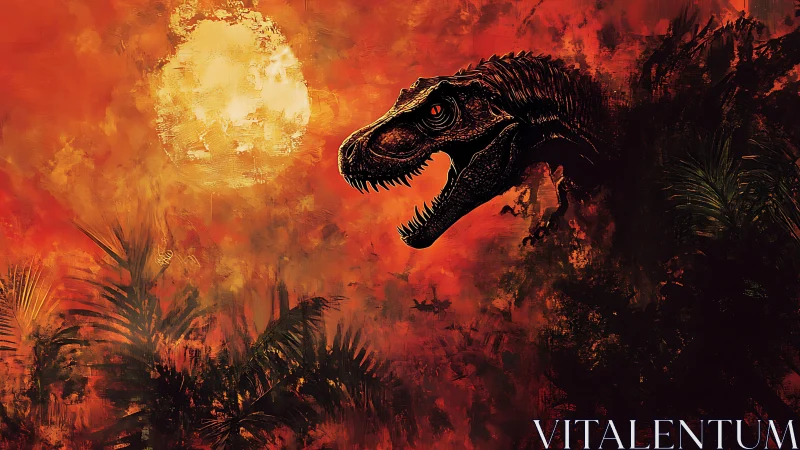 Predatory dinosaur skull emerges against textured infernal sunset sky