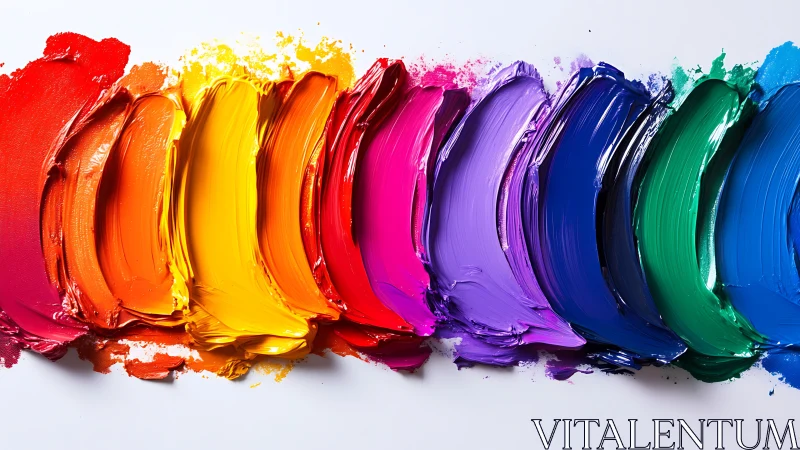 Vibrant rainbow oil paint strokes curve across white surface