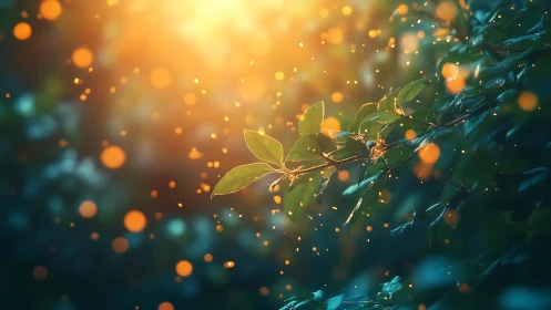 Sunlit forest branch hosts a swirling dance of glowing dust