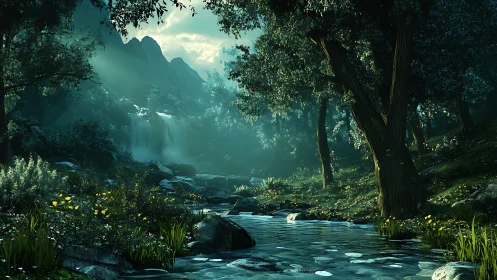 Cascading waterfall forest ecosystem with volumetric atmospheric rendering