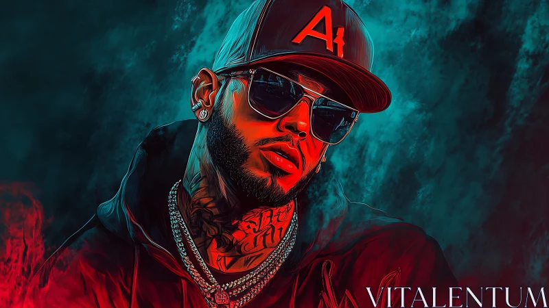 Urban portrait with teal red lighting and stylized vectors.