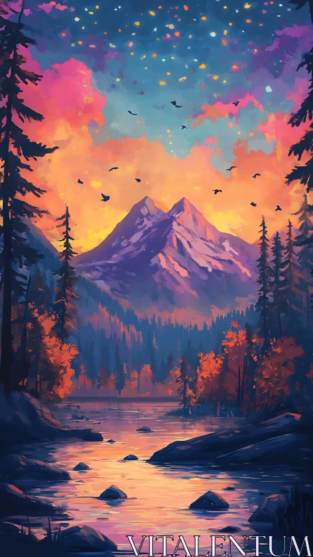 Mountain valley river reflects vivid sunset sky and forest