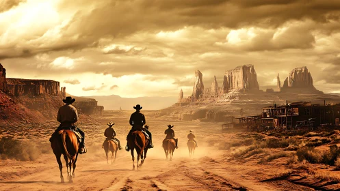 Group of mounted riders crossing dusty desert town street.