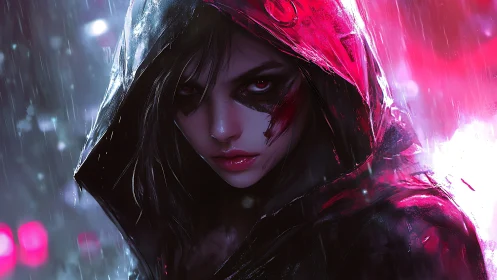 Hooded woman in neon rain with intense defiant stare.