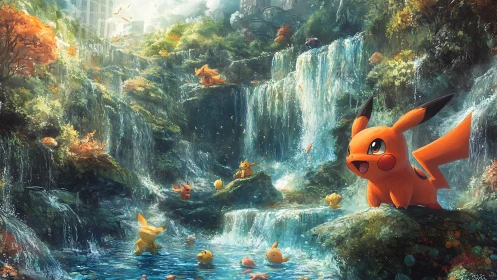 Sparkbright Pikachu valley splashing beneath lost ruins.