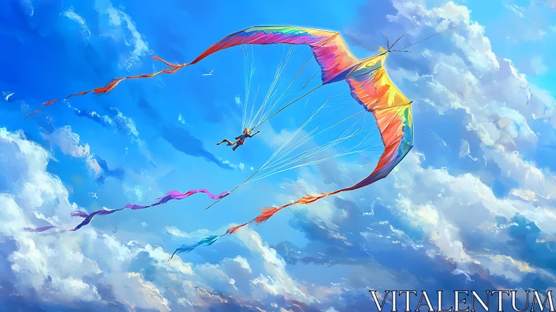 Vibrant rainbow glider soars freely through sunlit clouds