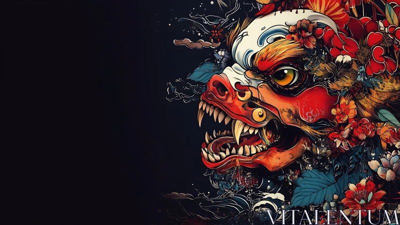 Fierce floral dragon head erupts from darkness in vivid color