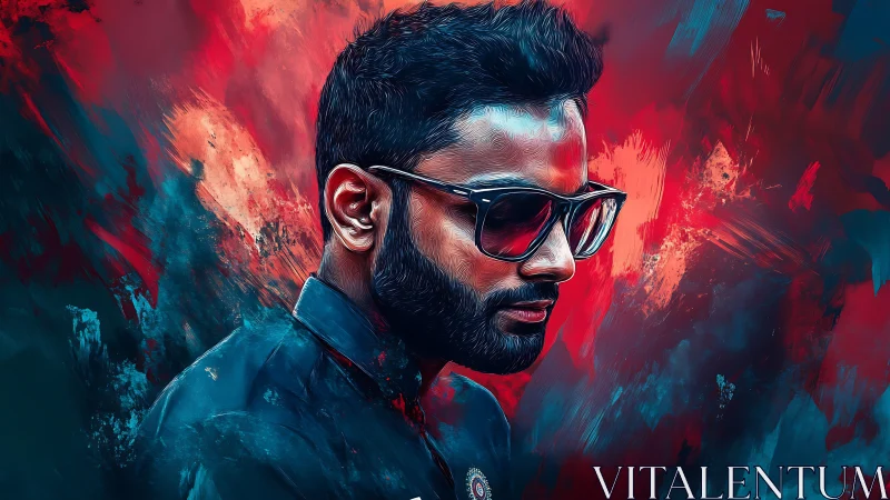 Digital portrait of man in sunglasses with abstract backdrop.