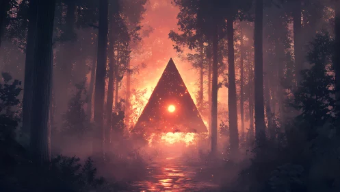 Glowing triangular portal burns through misty forest dusk.