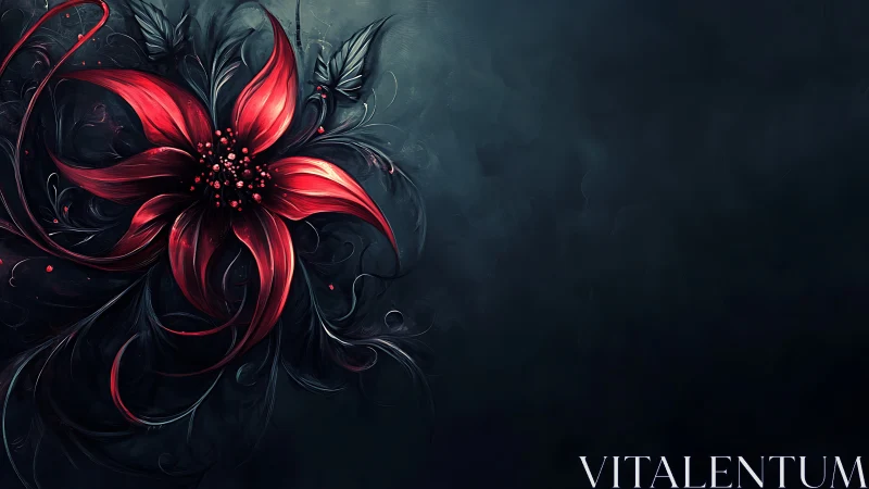 Crimson abstract flower unfurls against a deep shadowed void