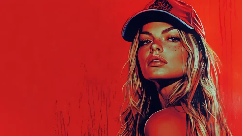 Confident woman in red cap against bold red backdrop.