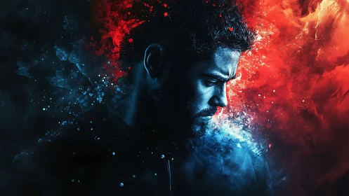 Digital painting portrait with dual-tone explosive dispersion.