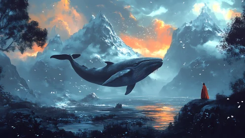 Levitating whale drifts over a mythic glacier at sunset